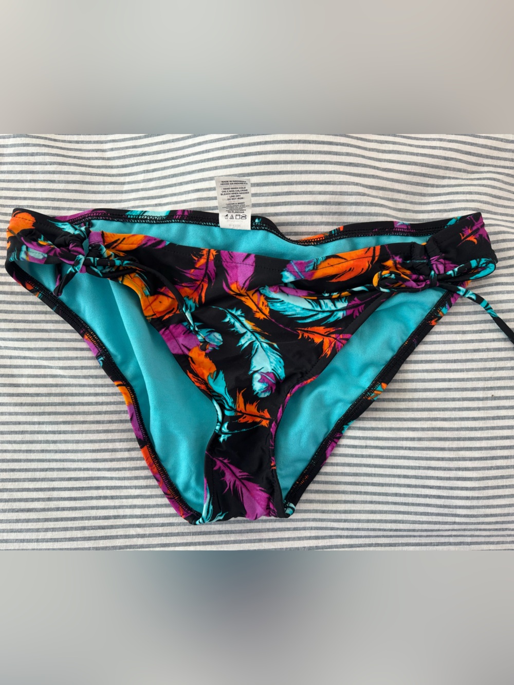 Women's Black Feather-Print Bikini Bottom with Turquoise Lining